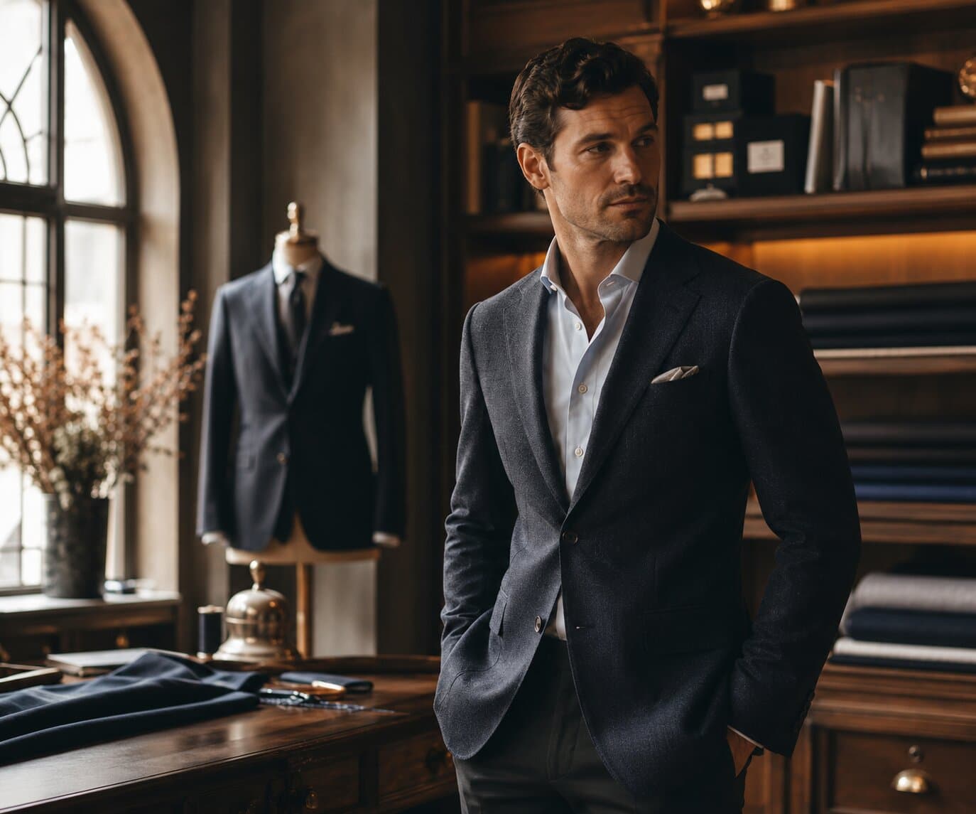 Man in a tailored blazer at a bespoke tailor shop
