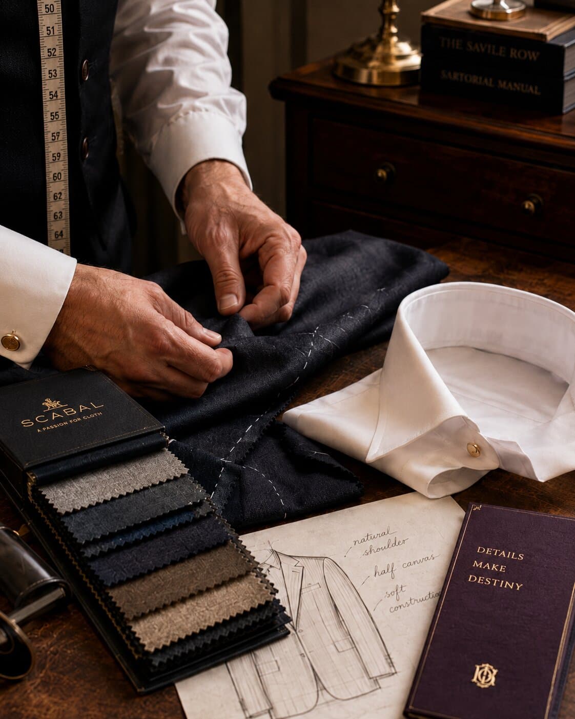 Master tailor crafting a bespoke garment with premium fabrics